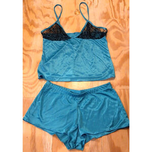 Shamah Small Turquoise Black Lace Trim Cami & Shorts Sleep Set 2 Pc Pajama Set